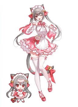 1girl absurdres animal_ears apron bell bow bowtie cat_ears cat_girl cat_tail chibi chibi_inset choker commentary corset detached_sleeves dress fang food_print footwear_bow frilled_corset frilled_dress frilled_sleeves frills fruit_print full_body grey_hair gumagom2 hair_ornament hair_ribbon hairclip highres jingle_bell long_hair maid_apron maid_headdress multicolored_hair name_tag neck_ribbon neneko_mashiro one_eye_closed paw_pose pink_dress pink_shoes red_bow red_bowtie red_choker red_eyes red_hair red_ribbon ribbon shoes simple_background solo stellive strawberry_print streaked_hair symbol-only_commentary tail thighhighs twintails virtual_youtuber white_apron white_background white_corset white_thighhighs wide_sleeves x_hair_ornament zettai_ryouiki