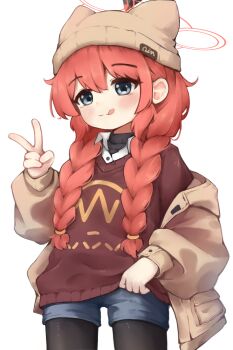 1girl :q animal_ear_headwear beanie black_pantyhose black_sweater blue_archive blue_eyes blue_shorts blush braid braided_twintails brown_coat brown_hat chinese_commentary closed_mouth clothes_grab coat collared_shirt commentary_request cowboy_shot fake_animal_ears hair_between_eyes hair_over_shoulder halo hand_up hat highres long_hair long_sleeves looking_at_viewer maki_(blue_archive) maki_(camp)_(blue_archive) making-of_available off_shoulder official_alternate_costume official_alternate_hairstyle open_clothes open_coat pantyhose pantyhose_under_shorts pocket puffy_long_sleeves puffy_sleeves red_hair red_halo red_sweater shirt short_shorts shorts sidelocks simple_background smile solo split_mouth sweater tongue tongue_out twin_braids v wangcorai white_background white_shirt