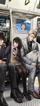 2boys 2girls bag black_pants black_pantyhose black_shoes blue_shirt blush bread brown_shoes cellphone closed_eyes closed_mouth dog dress_shirt food formal_clothes highres huli_xiaobai jujutsu_kaisen lapels light_blush medium_hair multiple_boys multiple_girls nanami_kento notched_lapels open_mouth pants pantyhose phone plastic_bag polka_dot_necktie shirt shoes shopping_bag short_hair sitting smartphone smile subway suit tongue tongue_out white_pants white_suit