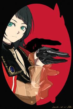 1girl ash011023 bang_dream! bang_dream!_it's_mygo!!!!! black_background black_gloves black_hair blue_eyes capelet closed_mouth commentary_request dated expressionless gloves highres looking_at_viewer red_background red_capelet see-through_clothes see-through_sleeves shadow_puppet solo timoris_(bang_dream!) two-tone_background yahata_umiri