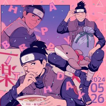 1boy black_hair black_pants black_shirt chopsticks closed_eyes closed_mouth confetti dated flak_jacket food forehead_protector happy_birthday holding holding_chopsticks jacket konohagakure_symbol long_sleeves looking_at_viewer male_focus multiple_views naruto_(classic) naruto_(series) noodles one_eye_closed pants ramen sameccor scar scar_on_face scar_on_nose shirt smile stuffed_animal stuffed_dolphin stuffed_toy teeth umino_iruka