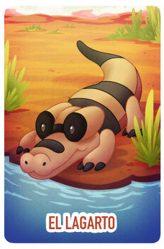 Rule 34 | absurdres, border, bush, crocodilian, day, desert, full body, gen 5 pokemon, highres, nintendo, no humans, outdoors, outside border, pokemon, pokemon (creature), procreate (medium), sandile, solo, sophia michelle, spanish text, water, white border