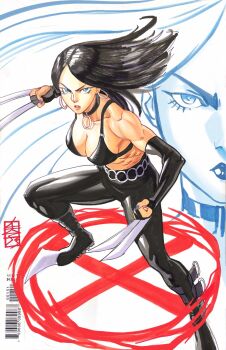 Rule 34 | 1girl, acecore2k, black bra, black hair, black pants, blue eyes, blue nails, bra, breasts, claws, commentary, english commentary, floating hair, full body, highres, large breasts, laura kinney, long hair, marvel, pants, parted lips, serious, signature, solo, underwear, v-shaped eyebrows, x-23, x-men