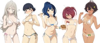 5girls ;d absurdres arms_behind_back artist_collaboration basori_tiara bikini black_hair black_nails blue_eyes blue_hair blush breasts chopsticks cleavage closed_mouth commentary coro_fae dark-skinned_female dark_skin dullahan_(alekey_art) eating ecjhonny89 embarrassed english_commentary food-themed_hair_ornament gluteal_fold grabbing_own_breast hair_between_eyes hair_bun hair_ornament hair_over_one_eye highres holding holding_chopsticks kagironsfw komari_chika large_breasts lemon_hair_ornament long_hair long_hair_between_eyes looking_at_viewer make_heroine_ga_oo_sugiru! medium_hair mole mole_on_neck multiple_girls navel one_eye_closed one_side_up open_mouth ponytail purple_eyes red_hair roswell_ss school_uniform shikiya_yumeko short_hair side-tie_bikini_bottom small_breasts smile stomach swimsuit tan tanline white_background white_bikini yakishio_lemon yakisoba yanami_anna yellow_eyes