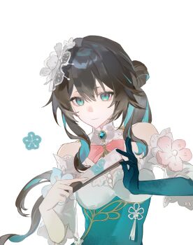 Rule 34 | 1girl, absurdres, aqua eyes, aqua gloves, aqua hair, bare shoulders, black hair, blue hair, bow, china dress, chinese clothes, chinese commentary, closed mouth, commentary request, dress, elbow gloves, flower, folding fan, gloves, hair between eyes, hair bun, hair flower, hair ornament, hand fan, highres, holding, holding fan, honkai: star rail, honkai (series), long hair, looking at viewer, multicolored hair, pinjianzhong, ruan mei (honkai: star rail), ruan mei (plumblossom letter) (honkai: star rail), side ponytail, simple background, single glove, single side bun, smile, solo, streaked hair, upper body, white background, white dress