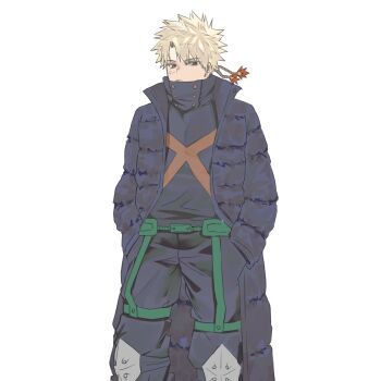 Rule 34 | 1boy, bakugou katsuki, belt, black pants, black shirt, blonde hair, boku no hero academia, coat, commentary, facial scar, feet out of frame, green belt, hands in pockets, highres, knee pads, long sleeves, looking to the side, male focus, pants, piiiien4, red eyes, scar, scar on cheek, scar on face, shirt, sideways glance, simple background, solo, spiked hair, standing, superhero costume, symbol-only commentary, white background
