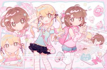 2girls :d arm_warmers backpack bag black_skirt blonde_hair blue_shirt blue_shorts brown_hair closed_mouth commentary fanqiealxe feet_out_of_frame foot_out_of_frame green_eyes hair_between_eyes highres long_hair looking_at_viewer miniskirt multiple_girls multiple_views open_mouth original pink_shirt pink_thighhighs pleated_skirt randoseru shirt short_hair shorts skirt sleeveless sleeveless_shirt smile standing standing_on_one_leg star-shaped_pupils star_(symbol) striped_clothes striped_thighhighs symbol-only_commentary symbol-shaped_pupils thighhighs twintails zettai_ryouiki