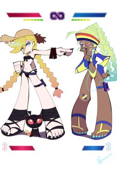 2girls 3qaq absurdres aqua_hair bikini black_bikini black_nails blonde_hair cammy_white cammy_white_(cosplay) cosplay dark-skinned_female dark_skin gameplay_mechanics gunsmith_bitch_(psg) hat headband heads-up_display health_bar highres kimberly_jackson kimberly_jackson_(cosplay) multiple_girls official_alternate_costume panty_&amp;_stocking_with_garterbelt panty_(psg) sandals simple_background strapless strapless_bikini straw_hat street_fighter street_fighter_6 swimsuit thigh_strap user_interface vibe_(psg) walkman yellow_bikini