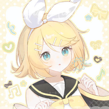 1girl absurdres arm_warmers bare_shoulders black_sailor_collar blonde_hair blue_eyes blush bow_hairband gaga_(user_ynuk5738) hair_ornament hairband hairclip hands_up heart highres kagamine_rin looking_at_viewer musical_note neckerchief open_mouth outline parallel_hairclips portrait sailor_collar shirt short_hair sleeveless sleeveless_shirt solo vocaloid watermark white_hairband white_shirt yellow_neckerchief yellow_outline