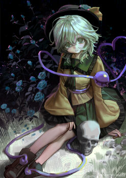 Rule 34 | 1girl, absurdres, ascot, black boots, black hat, boots, bush, chinese commentary, closed mouth, commentary, flower, frilled skirt, frilled sleeves, frills, green ascot, green eyes, green flower, green hair, green rose, green skirt, hair between eyes, hat, hat flower, heart, heart of string, highres, knife, kofi-mo, komeiji koishi, long sleeves, looking at viewer, medium hair, rose, shirt, sitting, skirt, skull, smile, solo, third eye, touhou, wide sleeves, yellow shirt