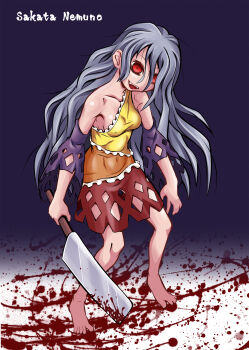 1girl absurdres ayana_mizuki bags_under_eyes barefoot blood blood_splatter bloody_weapon breasts character_name cleaver commentary_request detached_sleeves dress full_body grey_hair highres holding holding_cleaver long_hair looking_at_viewer medium_breasts messy_hair multicolored_dress open_mouth purple_background purple_sleeves red_eyes sakata_nemuno sharp_teeth single_strap skirt_cutout smile solo standing teeth touhou very_long_hair wavy_hair weapon
