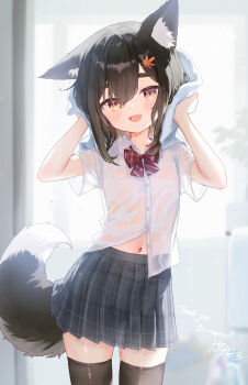1girl animal_ear_fluff animal_ears black_hair black_thighhighs bow drying drying_hair fang fox_ears fox_tail highres navel original pleated_skirt sese_nagi shirt skirt smile solo tail thighhighs towel white_shirt zettai_ryouiki
