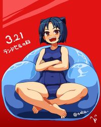 Rule 34 | 1girl, animal ears, arcana heart, artist request, backpack, bag, black hair, breasts, brown eyes, crossed arms, crossed legs, daidouji kira, female focus, full body, highres, looking at viewer, nalia, one-piece swimsuit, randoseru, red background, school swimsuit, shiny skin, short hair, simple background, small breasts, smile, solo, swimsuit, translation request, twitter username, water