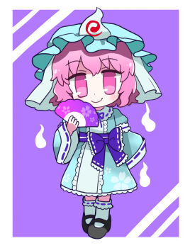 Rule 34 | 1girl, bad id, bad pixiv id, black shoes, blue hat, blue kimono, bow, chibi, chibi only, closed mouth, commentary request, frilled kimono, frills, full body, hand fan, hat, highres, hitodama, holding, holding fan, japanese clothes, kimono, long sleeves, maa (forsythia1729), mary janes, medium hair, mob cap, neck ribbon, pink eyes, pink hair, purple bow, purple ribbon, ribbon, ribbon-trimmed sleeves, ribbon trim, saigyouji yuyuko, shoes, sleeve garter, smile, socks, solo, touhou, triangular headpiece, white socks, wide sleeves