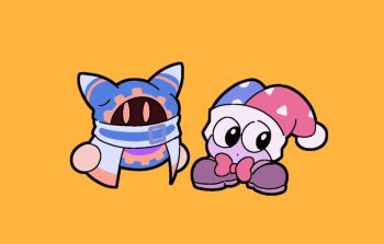 animated animated_gif bow bowtie colored_skin fafameow fangs hat jester_cap kirby_(series) laughing looking_at_viewer magolor marx_(kirby) nintendo no_humans purple_skin red_bow red_bowtie simple_background slit_pupils yellow_background yellow_eyes