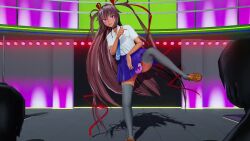 1girl 3d animated artist_request ass ass_shake bandaid bandaid_on_pussy blush bra breasts brown_hair dancing dark-skinned_female dark_skin female_focus full_body hair_ribbon heart heart_tattoo highres long_hair mikumikudance_(medium) mizuki_yukikaze nipples object_insertion panties pantyshot pink_eyes pubic_tattoo ribbon school_uniform shiny_skin shirt unworn_shirt shoes side-tie_panties simple_background skirt unworn_skirt small_breasts solo sound standing tagme taimanin_(series) taimanin_rpgx taimanin_yukikaze tan tanline tattoo thighhighs underwear undressing very_long_hair video white_shirt wide_hips