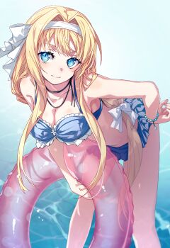 1girl absurdres alice_zuberg armpits bare_shoulders bikini blonde_hair blue_bikini blue_eyes bracelet breasts commentary_request hair_ribbon hairband highres jewelry long_hair looking_at_viewer navel ribbon swimsuit sword_art_online sword_art_online:_alicization water white_hairband white_ribbon yoru_kiri