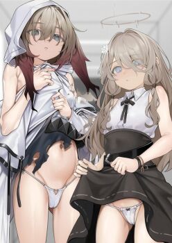 2girls angel angel_girl angel_wings arknights artist_request belt black_belt black_bow black_skirt blonde_hair blue_eyes bow bow_panties bowtie bracelet brown_hair cameltoe cecelia_(arknights) clothes_lift covering_breasts covering_privates detached_wings dress expressionless eyes_visible_through_hair flower hair_between_eyes hair_flower hair_intakes hair_ornament halo hand_on_own_chest hierda_(arknights) hood jewelry lifting_own_clothes loli long_hair looking_at_viewer messy_hair multiple_bracelets multiple_girls navel pale_skin panties pencil_skirt rabbit_ears rabbit_girl shiny_skin shirt skirt skirt_lift sleeveless sleeveless_shirt standing stomach string_panties torn_clothes underwear white_dress white_hood white_panties white_shirt wings