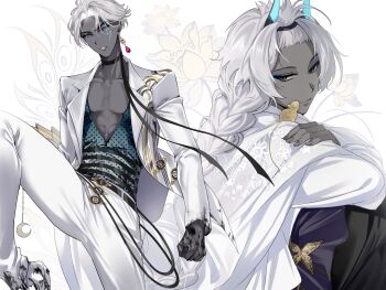 2boys absurdres arjuna_(fate) arjuna_alter_(fate) belt black_choker black_eyes blue_eyes braid choker collarbone colored_sclera colored_skin commentary_request crescent dark-skinned_male dark_skin earrings facial_mark fate/grand_order fate_(series) flower gold_trim grey_sclera grey_skin highres horns indra_(fate) jacket jewelry lightning_bolt_facial_mark lightning_bolt_symbol long_hair long_sleeves looking_at_viewer male_focus mouse_(animal) multiple_boys muneomon_(takomon) pants pectorals polka_dot polka_dot_shirt shirt short_hair simple_background single_braid single_earring smile suit_jacket white_background white_hair white_pants
