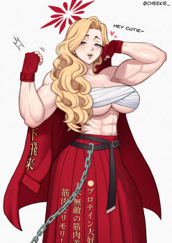 1girl abs akemi_(blue_archive) belt blonde_hair blue_archive blue_eyes blush breasts chain cheekie chest_sarashi female_focus fingerless_gloves flexing gloves halo highres large_breasts lips long_hair looking_at_viewer mole mole_under_eye muscular muscular_female red_gloves red_halo sarashi simple_background solo underboob veins veiny_arms