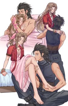 1boy 1girl aerith_gainsborough baggy_pants bangle bare_arms bare_legs bare_shoulders barefoot bed_sheet black_hair blue_eyes blush bracelet braid braided_ponytail brown_hair closed_eyes closed_mouth clothes_lift commentary couple cross_scar cuddling dress dress_lift drill_hair drill_sidelocks english_commentary facial_scar facing_another feet final_fantasy final_fantasy_vii final_fantasy_vii_remake green_eyes hair_ribbon hand_on_another's_foot hand_on_another's_leg hetero highres holding holding_another's_foot holding_ribbon hug indian_style jacket jewelry kiss kissing_leg lifting_person long_hair looking_at_another lying medium_hair multiple_views nude on_back open_clothes open_jacket pants parted_bangs parted_lips pink_dress pink_ribbon red_jacket ribbon scar scar_on_cheek scar_on_face short_sleeves sidelocks sitting sleeveless sleeveless_turtleneck smile spiked_hair sweater sylvthea toes turtleneck turtleneck_sweater under_covers white_background zack_fair