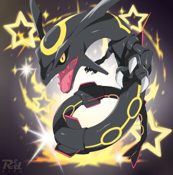 alternate_color black_sclera claws colored_sclera dragon eastern_dragon gen_3_pokemon highres legendary_pokemon nintendo no_humans open_mouth pokemon pokemon_(creature) pokemon_focus r3dfive rayquaza shiny_pokemon signature solo star_(symbol) yellow_eyes