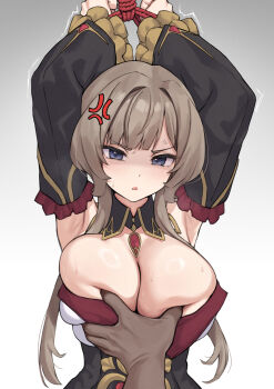 1boy 1girl anger_vein arms_up blue_eyes breasts brown_hair cleavage commentary dark-skinned_male dark_skin english_commentary genshin_impact gradient_background grey_background highres kangbus large_breasts long_hair long_sidelocks looking_at_viewer pov restrained sandrone_(genshin_impact) sidelocks solo_focus