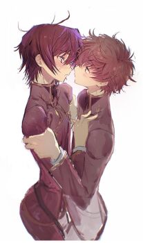 2boys 8de3wn black_hair blush brown_hair code_geass from_side highres kururugi_suzaku lelouch_vi_britannia long_sleeves male_focus multiple_boys purple_eyes short_hair simple_background skinny white_background yaoi