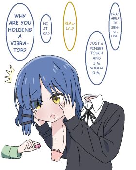 1girl black_jacket blue_hair bocchi_the_rock! dickneck disembodied_head dullahan egg_vibrator english_text hair_ornament hairclip hands_on_own_cheeks hands_on_own_face jacket jbxpism misplaced_genitals penis_neck sex_toy shirt simple_background solo speech_bubble uncensored vibrator what white_background white_shirt yamada_ryo yellow_eyes