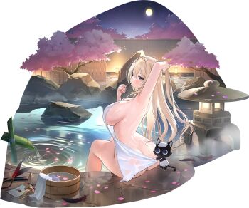 1girl 1other ass bamboo bath bathing black_feathers blonde_hair breasts bucket cane cherry_blossoms chipy covering_privates eye_mask feathers fence floating_flowers full_moon game_cg hair_between_eyes hairpin_in_mouth karasuba_sapphire karasuba_sapphire_(last_line_of_defense) large_breasts legs letter long_hair looking_at_viewer mask moon naked_towel night non-web_source nude nude_cover official_alternate_costume official_art onsen outdoors petals poker_fate pouring purple_eyes ripples rock shishi_odoshi sideboob sitting soaking_feet solo_focus souzu steam towel towel_around_waist towel_on_head towel_pull transparent_background tying_hair unworn_eyewear water wet wet_towel wooden_bucket wooden_fence zhu_yin_(mannermana)