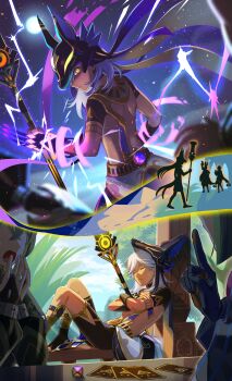 1girl 2boys absurdres ancient_egyptian_clothes animal_ears animal_hat arm_up belt black_choker black_gloves black_hair black_hat black_ribbon black_shirt black_shorts blue_sky bridal_gauntlets brown_gloves card choker claws closed_eyes closed_mouth cloud collei_(genshin_impact) commentary_request crop_top crossed_arms crossed_bangs cyno_(genshin_impact) dark-skinned_male dark_skin day dice electricity energy fake_animal_ears finger_to_mouth fingerless_gloves fox_boy fox_ears fox_tail from_behind full_moon genius_invokation_tcg genshin_impact gloves glowing glowing_eyes gold_trim green_hair grey_hair hair_between_eyes hand_up hands_up hat hat_ribbon highres holding holding_polearm holding_weapon index_finger_raised jackal_ears knees_up long_hair looking_at_viewer looking_back moon multicolored_hair multiple_boys multiple_views narahazime on_railing open_mouth parted_bangs parted_lips pelvic_curtain plant playing_card polearm pyramid_(structure) railing red_eyes ribbon sand serious shirt short_hair short_sleeves shorts shushing silhouette sky sleeping staff_of_the_scarlet_sands_(genshin_impact) streaked_hair sweatdrop swept_bangs table tail tighnari_(genshin_impact) tree two-tone_gloves usekh_collar vision_(genshin_impact) waving weapon white_hair wooden_railing