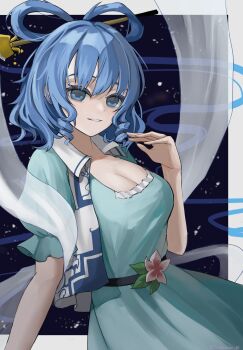 1girl aqua_dress blue_eyes blue_hair breasts cleavage commentary_request dress drill_hair hand_up highres kaku_seiga large_breasts medium_hair parted_lips short_sleeves smile solo teeth touhou twin_drills wanya2panic