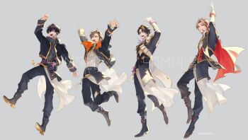 Rule 34 | 4boys, :d, aiguillette, alban knox, ankle boots, arms up, black boots, black cape, black hair, black jacket, black pants, blonde hair, boots, brown hair, cape, colored shoe soles, commentary request, copyright notice, epaulettes, gloves, gold trim, green eyes, grey background, grin, hair between eyes, headset, heterochromia, idol clothes, iwamoto zerogo, jacket, jumping, long sleeves, looking ahead, low block heels, male focus, multicolored hair, multiple boys, nijisanji, nijisanji en, official art, open mouth, orange jacket, pants, pink hair, purple eyes, red cape, red vest, saiki ittetsu, sample watermark, seraph dazzlegarden, shirt, short hair, shu yamino, simple background, single epaulette, smile, spread fingers, standing, tailcoat, two-sided cape, two-sided fabric, two-sided jacket, two-tone hair, vest, virtual youtuber, watermark, white gloves, white overskirt, white shirt