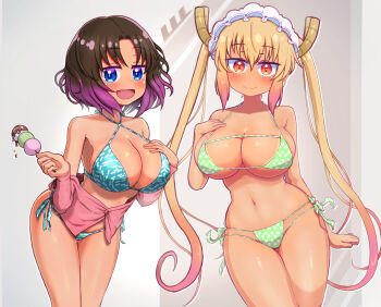 Rule 34 | 2girls, bikini, blonde hair, blue eyes, blush, breasts, brown hair, cleavage, dragon girl, dragon horns, elma (maidragon), food, gradient hair, highres, horns, kobayashi-san chi no maidragon, large breasts, long hair, looking at viewer, maid headdress, multicolored hair, multiple girls, navel, open mouth, orange eyes, polka dot, polka dot bikini, purple hair, red eyes, reiwa rerere, short hair, side-tie bikini bottom, smile, swimsuit, tan, thigh gap, tohru (maidragon), twintails