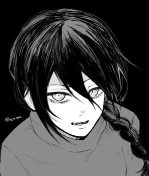 1girl braid chainsaw_man commentary_request greyscale hair_between_eyes long_hair looking_at_viewer madaosw monochrome nayuta_(chainsaw_man) ringed_eyes solo sweater turtleneck turtleneck_sweater twitter_username