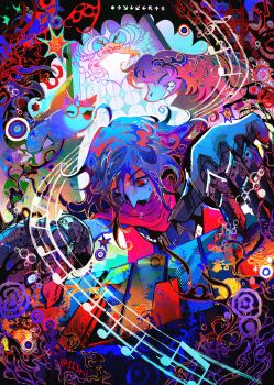 113rii 1other antlers closed_eyes colored_skin commentary deer_antlers deer_girl deltarune highres horns instrument kris_(deltarune) long_hair musical_note noelle_holiday piano ralsei red_eyes red_scarf round_eyewear scarf susie_(deltarune) utdr_(toby_fox)