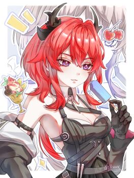 Rule 34 | 1girl, arknights, arknights: endfield, artist name, bare shoulders, black dress, black gloves, breasts, cherry, chest strap, cleavage, commentary request, detached collar, dress, food, fruit, gloves, hair between eyes, hair intakes, highres, holding, holding food, horns, ice cream, jacket, laevatain (arknights), long hair, long sleeves, looking at viewer, medium breasts, nanxing xmx, off shoulder, parfait, popsicle, purple eyes, red hair, smile, solo, surtr (arknights), upper body, zoom layer