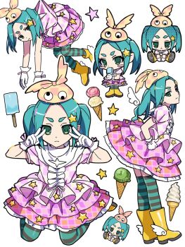 18_amamam 1girl aqua_hair aqua_thighhighs blush_stickers boots center_frills checkered_clothes checkered_dress checkered_hat chibi closed_mouth commentary_request double_v drawn_wings dress elbow_gloves expressionless food frills gloves googly_eyes green_eyes hat held_up highres holding holding_food holding_popsicle ice_cream layered_dress looking_at_viewer magical_girl mahou_shoujo_madoka_magica mahou_shoujo_madoka_magica_magia_exedra mini_wings monogatari_(series) multiple_views ononoki_yotsugi parted_bangs petticoat pink_dress popsicle puffy_short_sleeves puffy_sleeves puritan_collar rubber_boots short_hair short_sleeves sidelocks simple_background sitting standing star_(symbol) striped_clothes striped_thighhighs thick_eyebrows thighhighs twintails v v_over_eye wariza white_background winged_boots wings yellow_boots