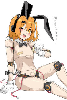 Rule 34 | 1girl, ;d, a.i. voice, adachi rei, android, animal ears, arm support, bandaid, bandaids on nipples, black bow, black bowtie, blush, bow, bowtie, cable, commentary request, completely nude, detached collar, gloves, hand up, headlamp, headphones, joints, knee up, looking at viewer, navel, nejikyuu, no nipples, nude, one eye closed, open mouth, orange eyes, orange hair, pasties, pinky out, rabbit ears, removing bandaid, robot joints, round teeth, short hair, simple background, sitting, smile, solo, teeth, translated, translation request, twitter username, upper teeth only, utau, white background, white gloves