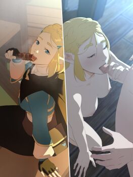 1boy 1girl absurdres black_cape black_gloves black_pants blonde_hair blue_eyes blue_shirt blush breasts cape commentary eating fellatio fingerless_gloves gloves green_eyes hetero highres long_sleeves looking_at_viewer medium_breasts nintendo nipples oral pants penis pomelomelon princess_zelda shirt short_hair sitting symbol-only_commentary the_legend_of_zelda the_legend_of_zelda:_tears_of_the_kingdom uncensored
