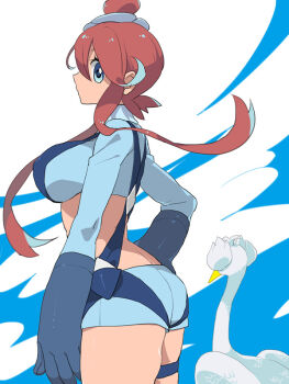 1girl ass breasts chi_3 from_side gen_5_pokemon gloves large_breasts long_hair long_sleeves nintendo pokemon pokemon_bw red_hair short_shorts shorts skyla_(pokemon) suspenders swanna thigh_strap