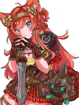 1girl :t ahoge animal_ear_fluff animal_ears armor black_gloves blue_eyes blush breasts cleavage diamond-shaped_pupils diamond_(shape) fingerless_gloves gladius gloves highres holding holding_sword holding_weapon large_breasts laurels long_hair mozumi_pichi mozumi_pichi_(roman) mozzumite_(mozumi_pichi) orange_hair red_pupils red_tunic roman_armor second-party_source solo sword symbol-shaped_pupils tunic ui_527 v-dere virtual_youtuber weapon white_background wolf_ears wolf_girl