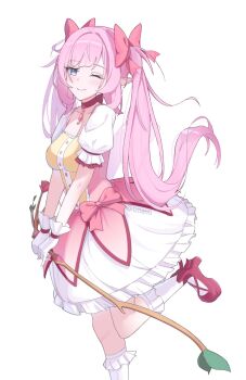 1girl ;) ankle_bow ankle_ribbon blush bow bow_(weapon) breasts choker closed_mouth commentary cosplay dress elysia_(honkai_impact) gem gloves hair_bow highres holding holding_bow_(weapon) holding_weapon honkai_(series) honkai_impact_3rd kaname_madoka kaname_madoka_(cosplay) kaname_madoka_(magical_girl) long_hair mahou_shoujo_madoka_magica mahou_shoujo_madoka_magica_(anime) nami_(tznami) one_eye_closed pink_bow pink_choker pink_dress pink_gem pink_hair pink_pupils pink_shoes pointy_ears purple_eyes ribbon shoes short_sleeves simple_background smile socks solo twintails twitter_username weapon white_background white_gloves white_socks