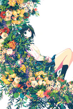 Rule 34 | 1girl, absurdres, black socks, blue skirt, closed mouth, colorful, commentary, expressionless, flower, from side, green eyes, green hair, highres, kneehighs, leaf, long sleeves, looking at viewer, meola, orange flower, orange rose, original, plant, pleated skirt, reclining, red flower, red rose, rose, school uniform, shirt, short hair, simple background, skirt, socks, solo, white background, white shirt, yellow flower, yellow rose