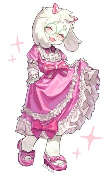 1boy animal_ears bow closed_eyes commentary_request crossdressing crossdressing_(mtf) dated deltarune dress dress_bow fangs full_body furry furry_male glasses goat_boy goat_ears goat_horns green-framed_eyewear highres holding_own_dress horns male_focus open_mouth pink_bow pink_dress pink_horns pink_shoes posui0_0 ralsei round_eyewear shoes smile solo utdr_(toby_fox) white_background
