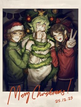 1girl 2025 2boys absurdres antenna_hair blue_eyes bound bound_arms bow brown_hair camera_flash christmas_ornaments christmas_sweater christmas_tree christmas_tree_hair_ornament closed_eyes commentary dated fake_photograph flipped_hair green_hair green_sweater group_picture hair_bow hair_ornament hands_up hat highres hilbert_(pokemon) hilda_(pokemon) holding long_hair long_sleeves looking_at_viewer merry_christmas multiple_boys n_(pokemon) nintendo open_mouth pokemon pokemon_bw polaroid_photo ponytail red_bow red_sweater santa_hat short_hair sidelocks smile star_headband sweater symbol-only_commentary tied_up_(nonsexual) tinsel v vvyy4 white_sweater