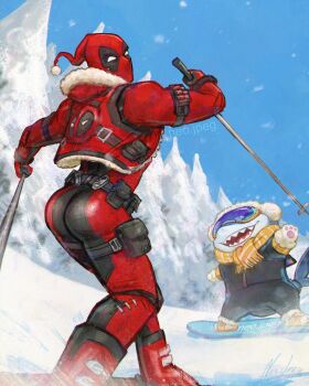 1boy absurdres commentary deadpool english_commentary fins fish_tail goggles highres jeff_(marvel) jeff_the_land_shark jeff_the_land_shark_(cuddly_fuzzlefin) marvel marvel_rivals neo_jpeg scarf shark shark_fin shark_tail skiing snow snowboard snowboarding superhero_costume tail the_simpsons yellow_scarf