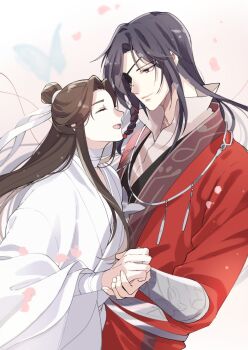 2boys bandaged_arm bandaged_neck bandages beads belt bishounen black_hair blue_butterfly braid brown_hair bug butterfly butterfly_necklace chinese_clothes closed_eyes closed_mouth couple eyepatch falling_petals fduki_maro hair_beads hair_bun hair_ornament hair_ribbon half_updo hanfu highres holding_hands hua_cheng insect jewelry long_hair long_sleeves looking_at_another male_focus multiple_boys necklace one_eye_covered open_mouth petals popped_collar red_eyes red_hanfu ribbon ribbon_braid robe side_braid sidelocks silver_belt silver_necklace single_braid single_hair_bun smile string string_of_fate tianguan_cifu upper_body white_hanfu white_ribbon wide_sleeves xie_lian yaoi