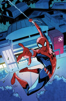 1boy blue_bodysuit bodysuit building comic_cover commentary_request glowing gurihiru looking_at_viewer male_focus marvel multicolored_bodysuit night official_art outdoors red_bodysuit road signature solo spider-man spider-man_(series) spider_web_print superhero_costume textless_version tree window