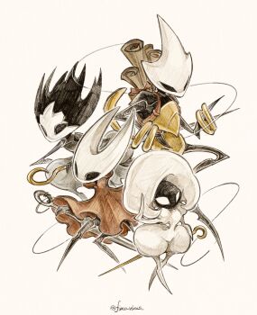 1other 3girls absurdres arthropod_girl black_skin chakram cloak colored_skin commentary fioco_virus hashtag-only_commentary highres holding holding_weapon hollow_eyes hollow_knight hollow_knight:_silksong hornet_(hollow_knight) lace_(hollow_knight) map multiple_girls needle_(hollow_knight) phantom_(hollow_knight) pin_(hollow_knight) red_cloak shakra_(hollow_knight) thread twitter_username weapon white_mask